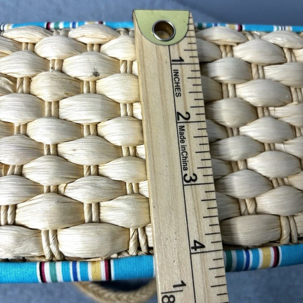 Lauren Ralph Lauren Tote Bag Blue Striped Fabric Straw Handle Vacation Beach